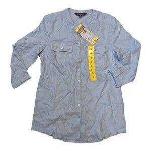 Nicole Miller 100% Linen Roll Tab Blouse Skyway Blue Small S